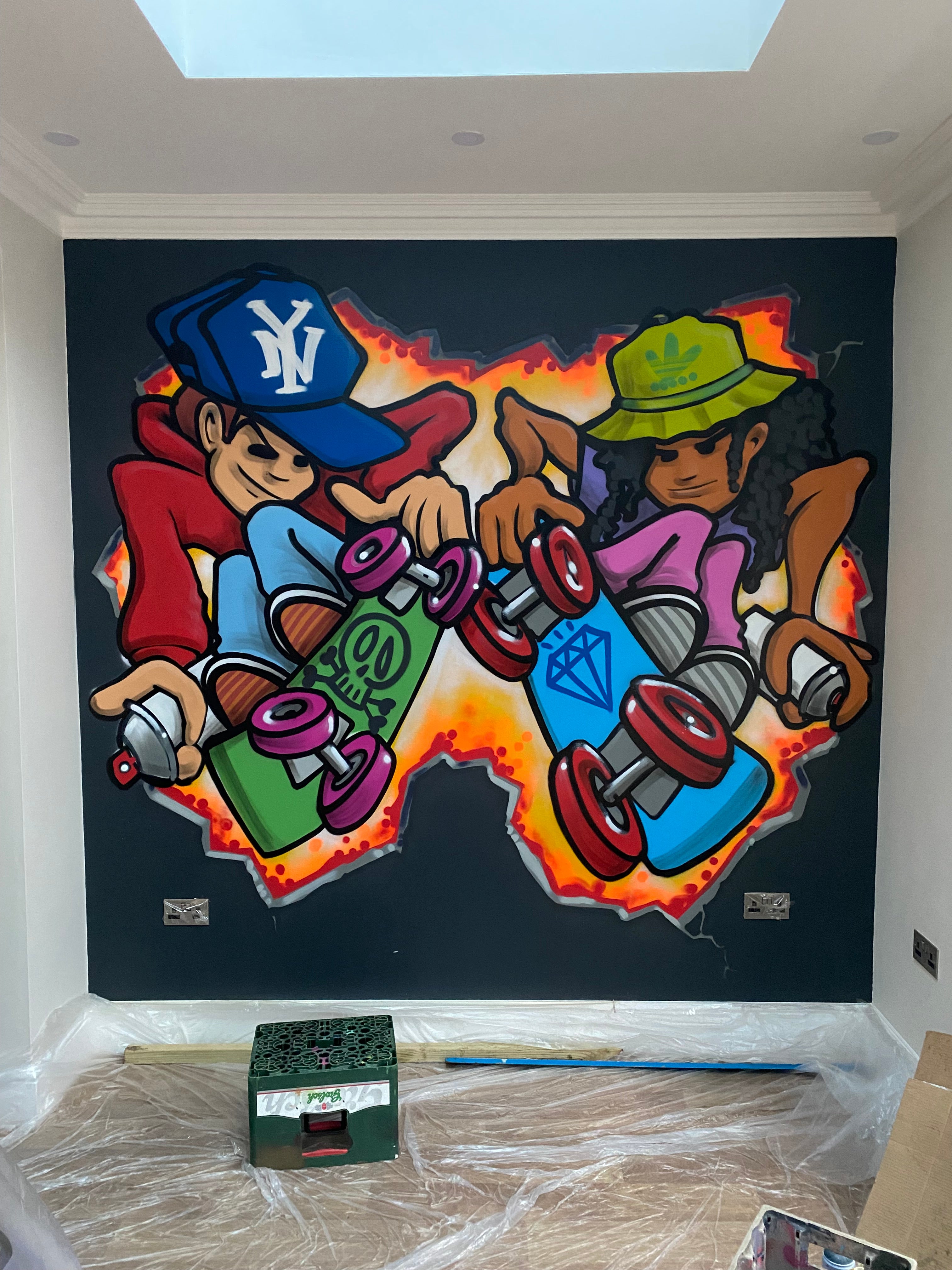 Colorful mural of cartoon characters with skateboards on a black background