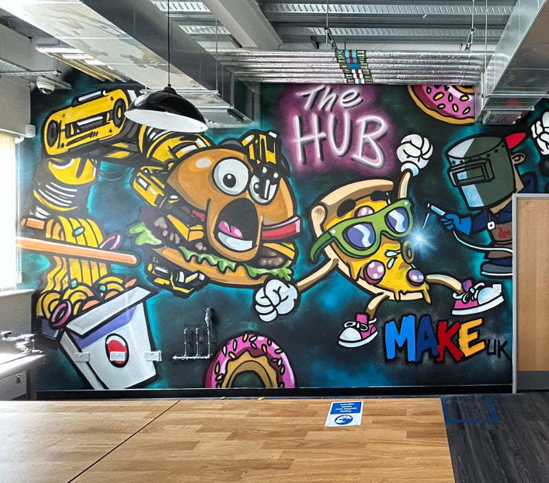 Colorful mural with cartoon characters and 'The Hub' branding in an indoor setting.